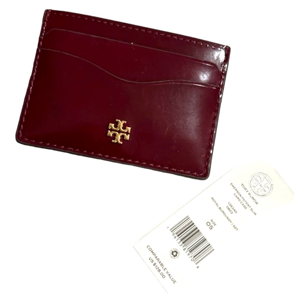 Nwt Tory burch Emerson patent slim card case color royal burgundy